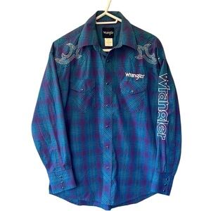 Wrangler Western Plaid Button Up Shirt Men’s Size Large Spell out Blue Purple